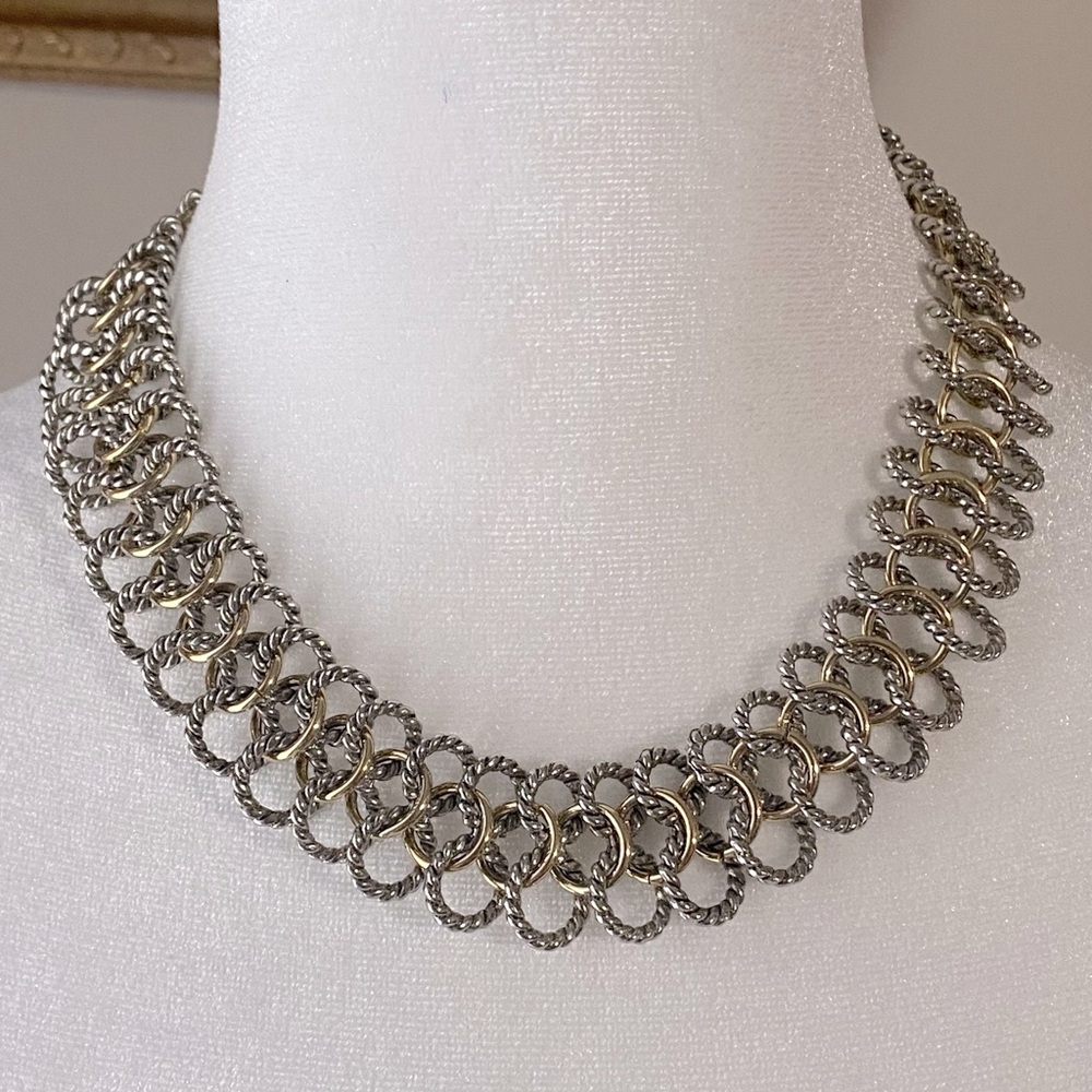 VTG Chainmail Link Necklace Silver Gold Tone Toggle Clasp Woven Statement 16"